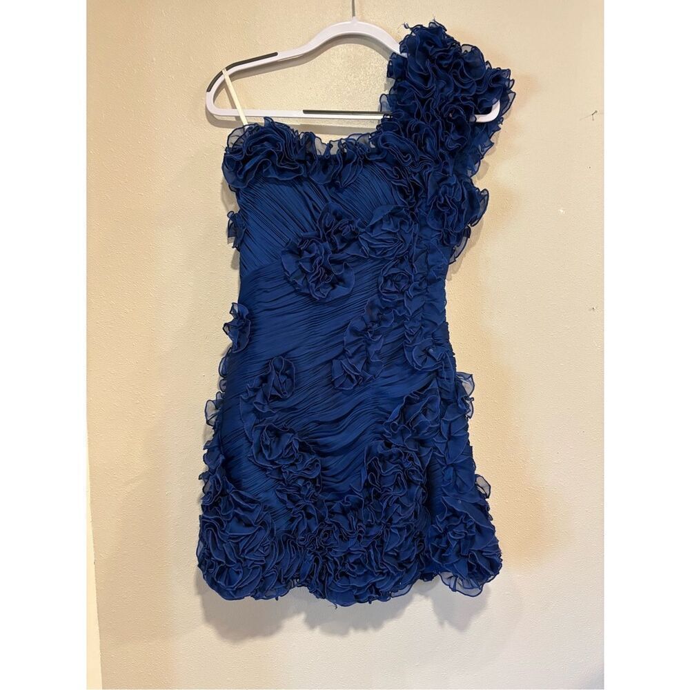 Mac Duggal Couture Blue One Shoulder Ruffle Mini Dress Size 6